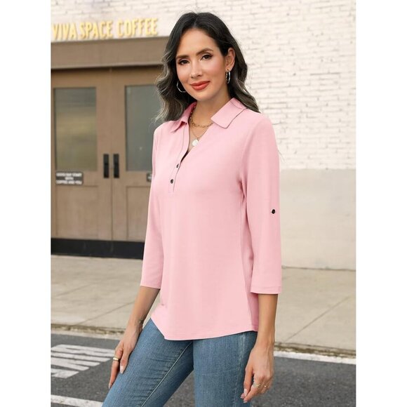 Women's Cotton Polyester Spandex Tunic Top Collared V Neck 3/4 Sleeve - Picture 3 of 5